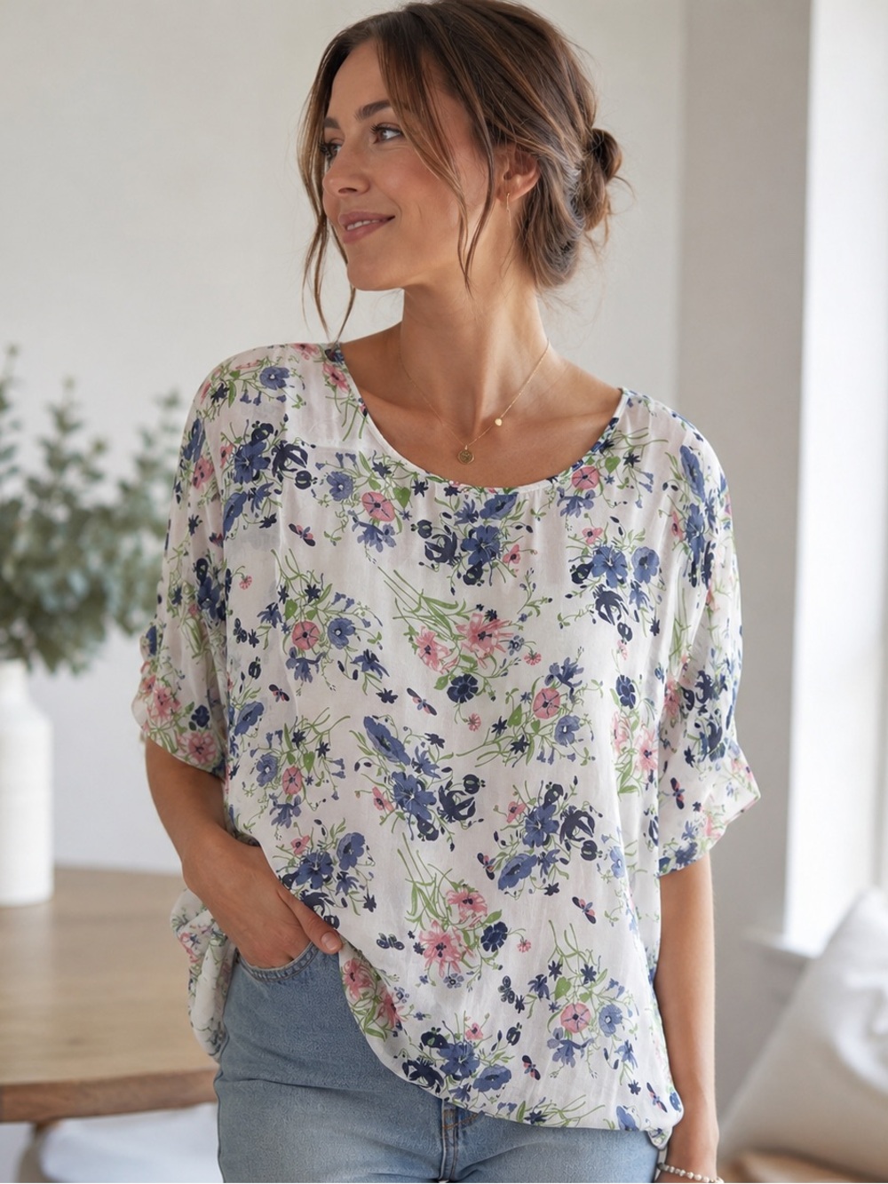 Made in Italy Silk Blend Floral Bubble Hem Blouse L White Pink Blue